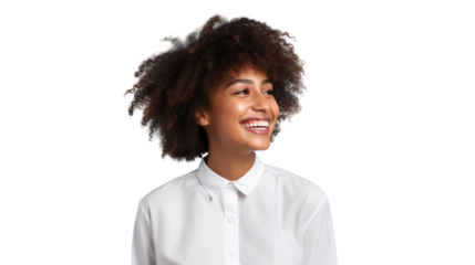 Smiling African woman looking to the left sideways, isolated on a transparent background