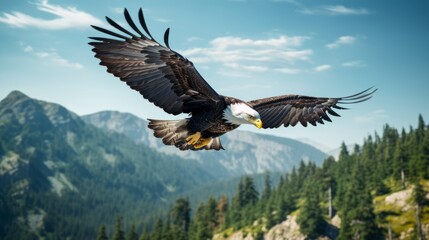 Obraz premium Majestic Bald Eagle in Flight over Mountainous Terrain
