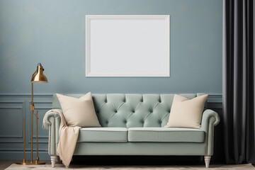 Minimalist living room interior in modern home with big mock up empty poster frame for copy space