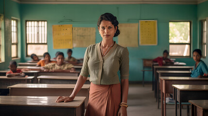 Portrait of a asian Indian lady teacher in saree stands against middle school colorful classroom