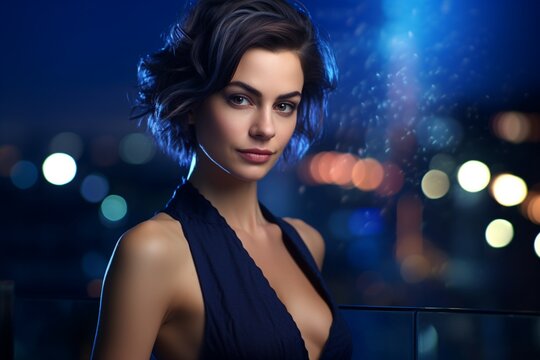 A confident woman with a sleek hairstyle and fully revealed ear, photographed against a backdrop of city lights in shades of cool indigo.