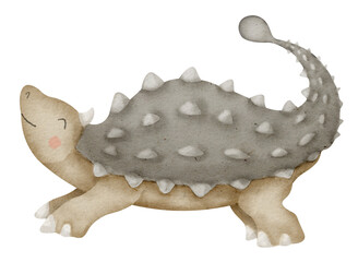 Dinosaur Ankylosaurus Watercolor illustration. Hand drawn clip art of cute Dino on isolated background. Drawing of Baby cartoon character. Sketch of animal monster for kids. Create t shirts and cards.