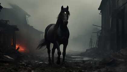 Tenebrist recreation of a black horse in a destroyed village - obrazy, fototapety, plakaty