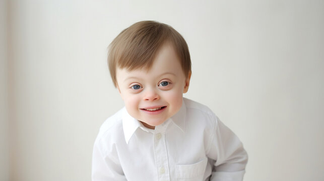 Portrait of a happy smiling child with down syndrome  looking at the camera on a white bright blurred studio background
