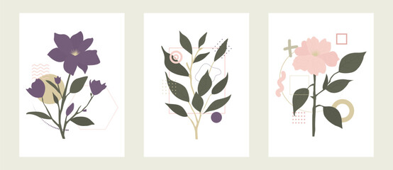 Plants and flowers in the Bauhaus style, patterns with simple geometry