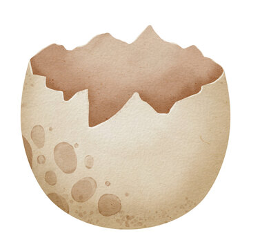Broken dinosaur Egg Watercolor illustration. Hand drawn of open Eggshell on isolated background. Drawing of pastel easter clip art. Sketch of a template for inserting a dino or dragon.