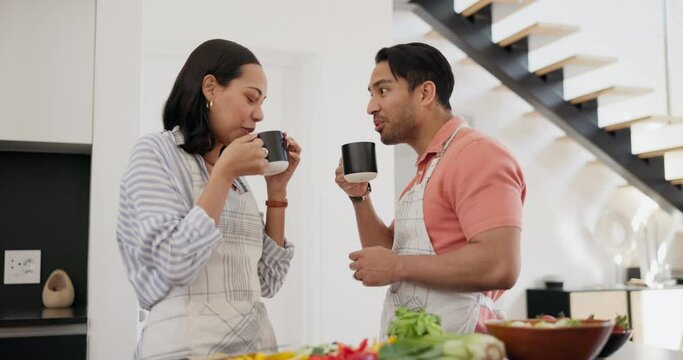 Happy couple, cooking and conversation with drink, coffee and memory in morning, home and bonding. Man, woman and smile for food, listening and comic joke with tea, coco or latte with laugh in house