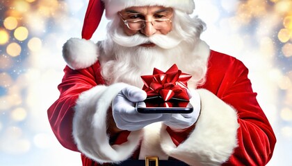 Święty Mikołaj wręczający smartfon z czerwoną kokardą - obrazy, fototapety, plakaty