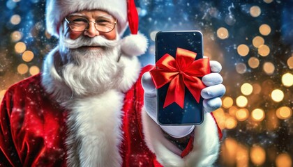 Święty Mikołaj trzymający smartfon przewiązany czerwoną wstążka