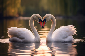 Fototapeta premium two beautiful swans on a lake shape heart, romantic swan during valentine's day, AI Generative