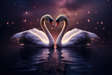 two beautiful swans on a lake shape heart, romantic swan during valentine's day, AI Generative - obrazy, fototapety, plakaty