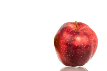 One ripe juicy apple, macro, isolated on white background.