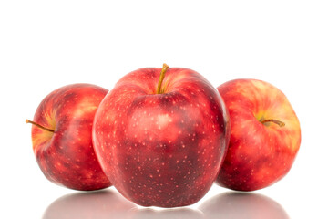 Three ripe juicy apples, macro, isolated on white background.