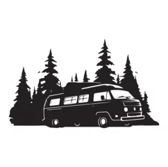 Foto op Canvas Camper in the Woods and Mountain, Camping in the Nature, Hand Drawn Vector Illustration © Alihsan 101