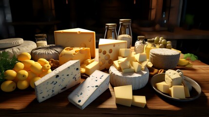 Cheese collection on wooden board. Different types of cheese on wooden table.