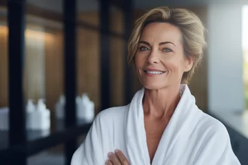 Tuinposter Headshot of happy smiling beautiful middle aged woman wearing bathrobe at spa salon hotel looking at camera. Wellness spa procedures advertising. Skincare concept. © radekcho