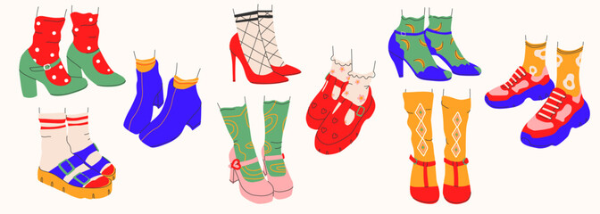 Collection of womens shoes icons with and without heels.Shoes,slippers, sneakers in a trendy style. isolated.Vector