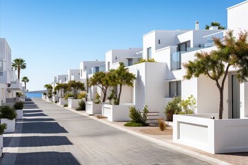 Fototapeta na wymiar Modern White Townhouses. Stylish Modular Residences with Minimalist Architectural Design