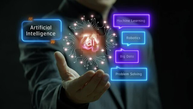 Businessman shows AI icon provide access information, digital chat bot concept. Artificial intelligence, machine learning concept, big data, cloud computing, computer network and innovation technology