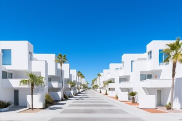 Fototapeta na wymiar Modern Modular Private White Townhouses. Minimalist Residential Architecture Exterior Design