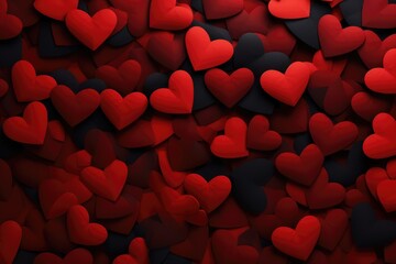 Valentines day background with red and black hearts. 3d render, abstract panorama background with red hearts, AI Generated