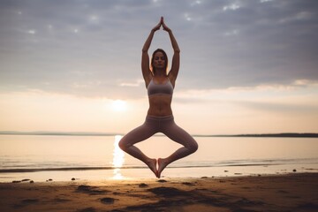 Fototapeta na wymiar Young woman practicing yoga on the beach at sunset. Yoga concept, Adult yogi woman doing yoga, AI Generated