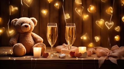 Serene Champagne Teddy Bear and Red Rose
