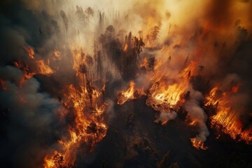 Fototapeta na wymiar Burning forest during a fire in the mountains in the summer, Aerial view of a burning forest, Wildfire, global warming and climate change concept, AI Generated