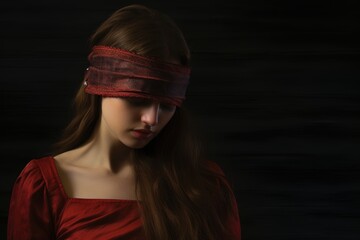 Portrait of beautiful young woman with red blindfold on dark background, a young woman with a blindfold that prevents her from seeing, AI Generated