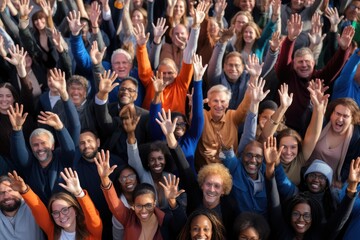 Multiethnic Group of People Raising Their Hands Togetherness Concept, above view of diverse group of people raising hands together, waving, AI Generated - obrazy, fototapety, plakaty