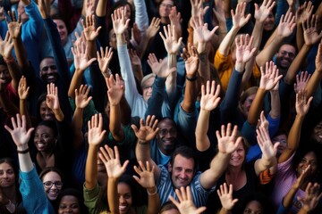 Naklejka premium Multiethnic group of people raising their hands in a conference room, above view of diverse group of people raising hands together, waving, AI Generated