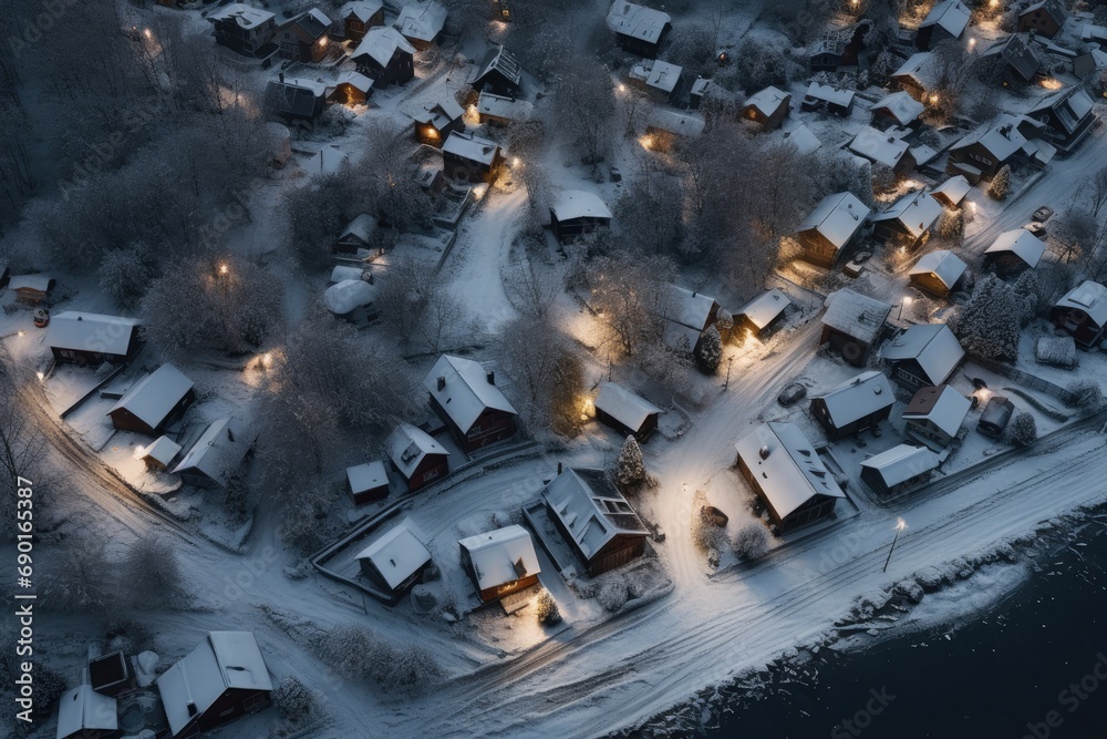 Canvas Prints Aerial view of the small fishing village in winter at night, Aerial photography of a beautiful snow covered village in winter evening, AI Generated