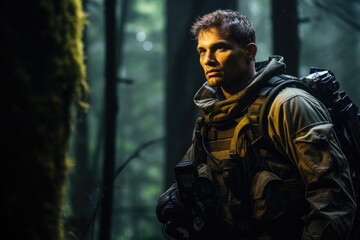 Portrait of a male soldier in a forest. Selective focus, A geared-up soldier portrait in the forest, AI Generated