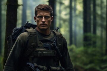 Obraz premium Portrait of a handsome young man in a military uniform with a backpack in the forest, A geared-up soldier portrait in the forest, AI Generated