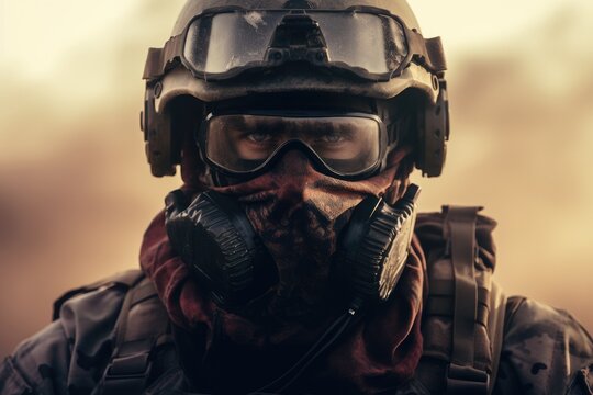 Portrait of a special forces soldier in full gear on blurred background, A geared-up army soldier stands and looks at the battlefield, battlefield background, face covered with a mask, AI Generated