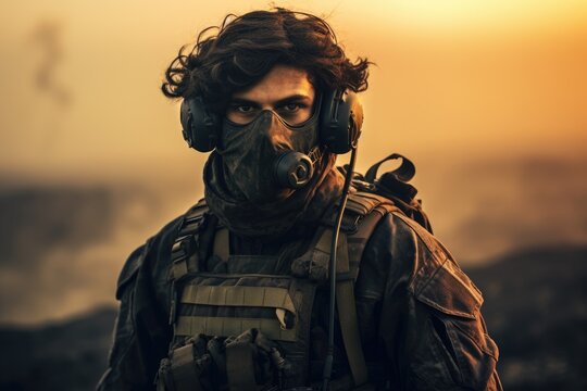 Portrait of a special forces soldier in a gas mask on the background of the sunset, A geared-up army soldier stands and looks at the battlefield, battlefield background, face, AI Generated