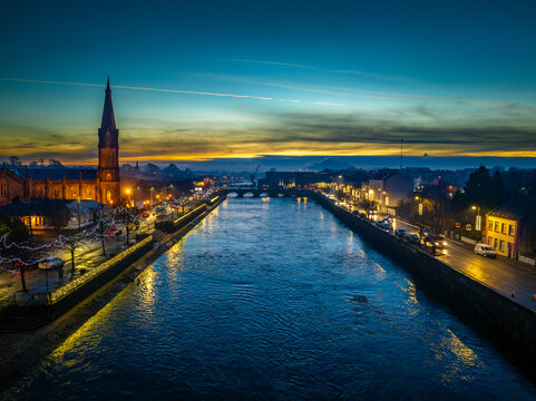 Ballina Town, Co. Mayo drone shot at night time in Christmas time 