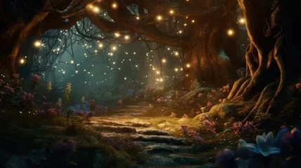 Foto op Canvas An enchanted forest background with glowing lights and magical elements. © Denis Bayrak