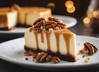 Pecan cheesecake with caramel sauce and pecan nuts.