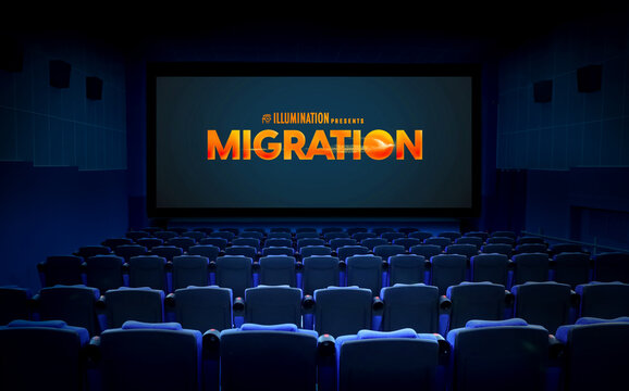 Migration movie trailer in the cinema. Cartoon. Almaty, Kazakhstan - September 24 , 2023