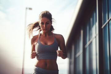  Athletic young woman jogging outdoors during summer day - obrazy, fototapety, plakaty