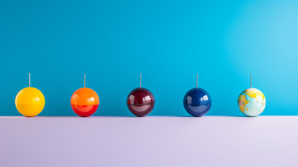 Colorful globes in a row on blue background - obrazy, fototapety, plakaty