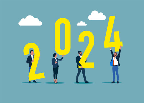 2024 New Year concept. Business team holding up the year 2024.  Best chance to get a business or career. Flat vector illustration
