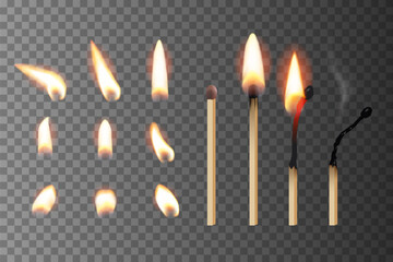 Match sticks with flame sequence set. Wooden match burning cycle. New, blazing, burned, blown out matchsticks. Realistic vector illustration. Lights and flames design on transparent background - obrazy, fototapety, plakaty