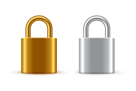 Padlocks vector illustration set. Steel golden and silver locks isolated on white background. Secure privacy and business information. Personal data protection. Safety concept