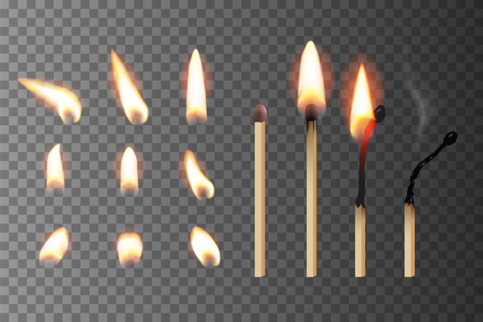 Match sticks with flame sequence set. Wooden match burning cycle. New, blazing, burned, blown out matchsticks. Realistic vector illustration. Lights and flames design on transparent background