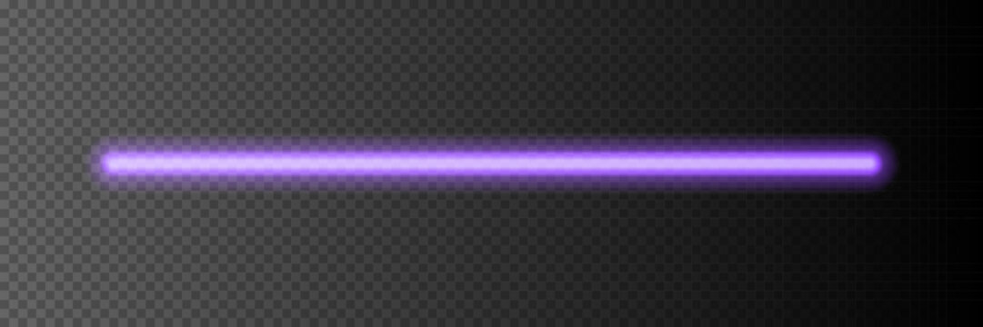 Neon light stick on transparent background. Violet led line glowing vector illustration. Electric color design for party or clubs