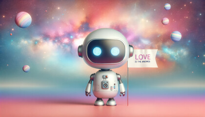 A charming robot on a dreamy background holds a sign saying 'love is the answer' amid floating planets