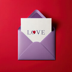 Minimalist design card with 'love' text and heart shape in a purple envelope against red background - obrazy, fototapety, plakaty
