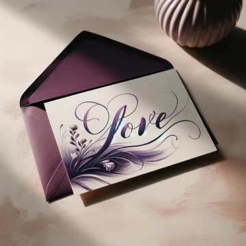 High-quality image of a stylish love card with beautiful calligraphy, nestled in an elegant envelope